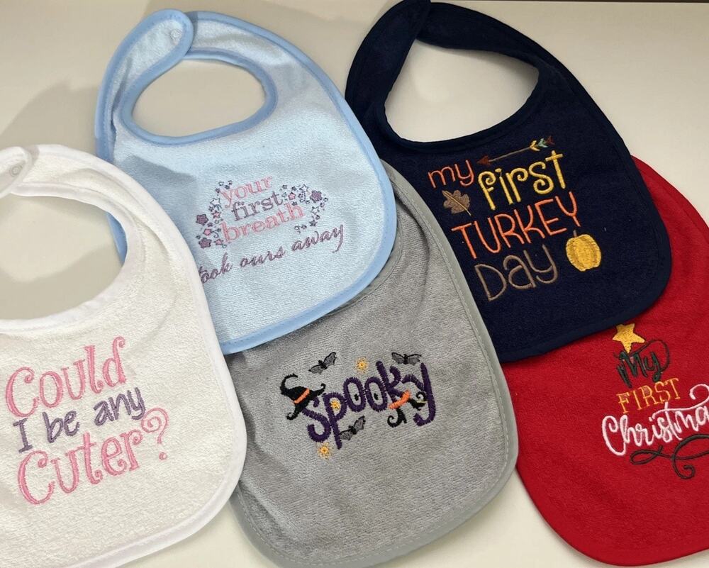 Set Of 5 Custom Embroidered Baby Bibs Firsts Christmas Turkey Day Cute Spooky